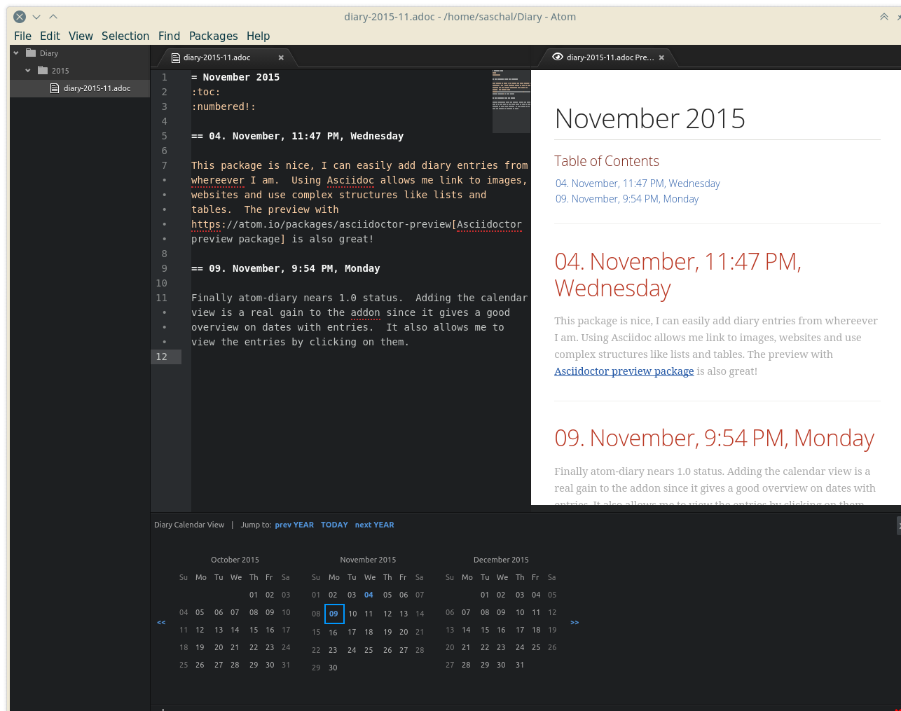 Screenshot of atom-diary