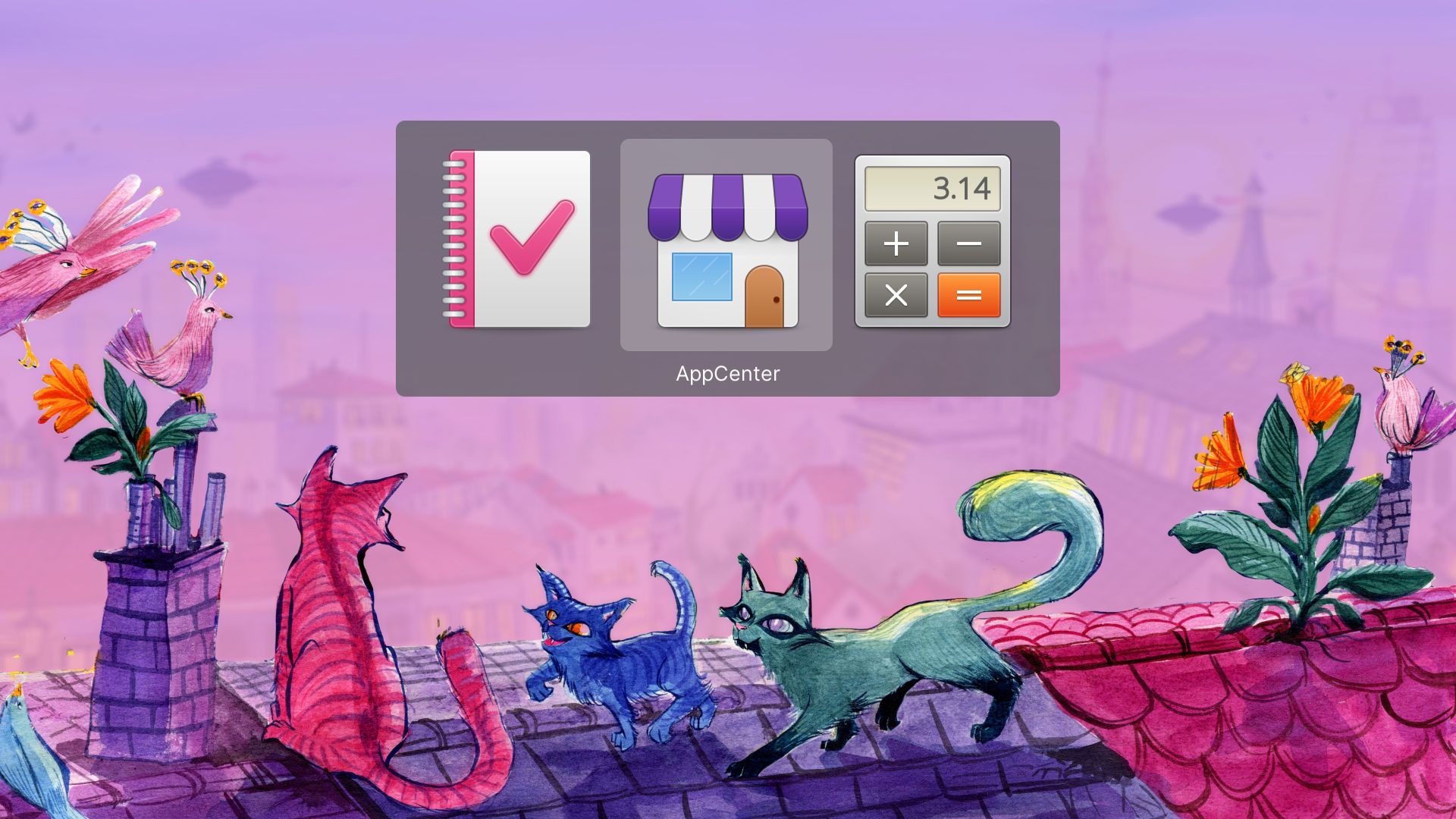Screenshot of Catts in action. The switcher contains three icons: Tasks, AppCenter, and Calculator. AppCenter is selected. The switcher is in dark mode. The wallpaper behind the switcher is an illustration of cats on a roof. One (pink) looks out into the distance, a tiny blue one is about to paw its tail playfully, and a green one watches the scene.
