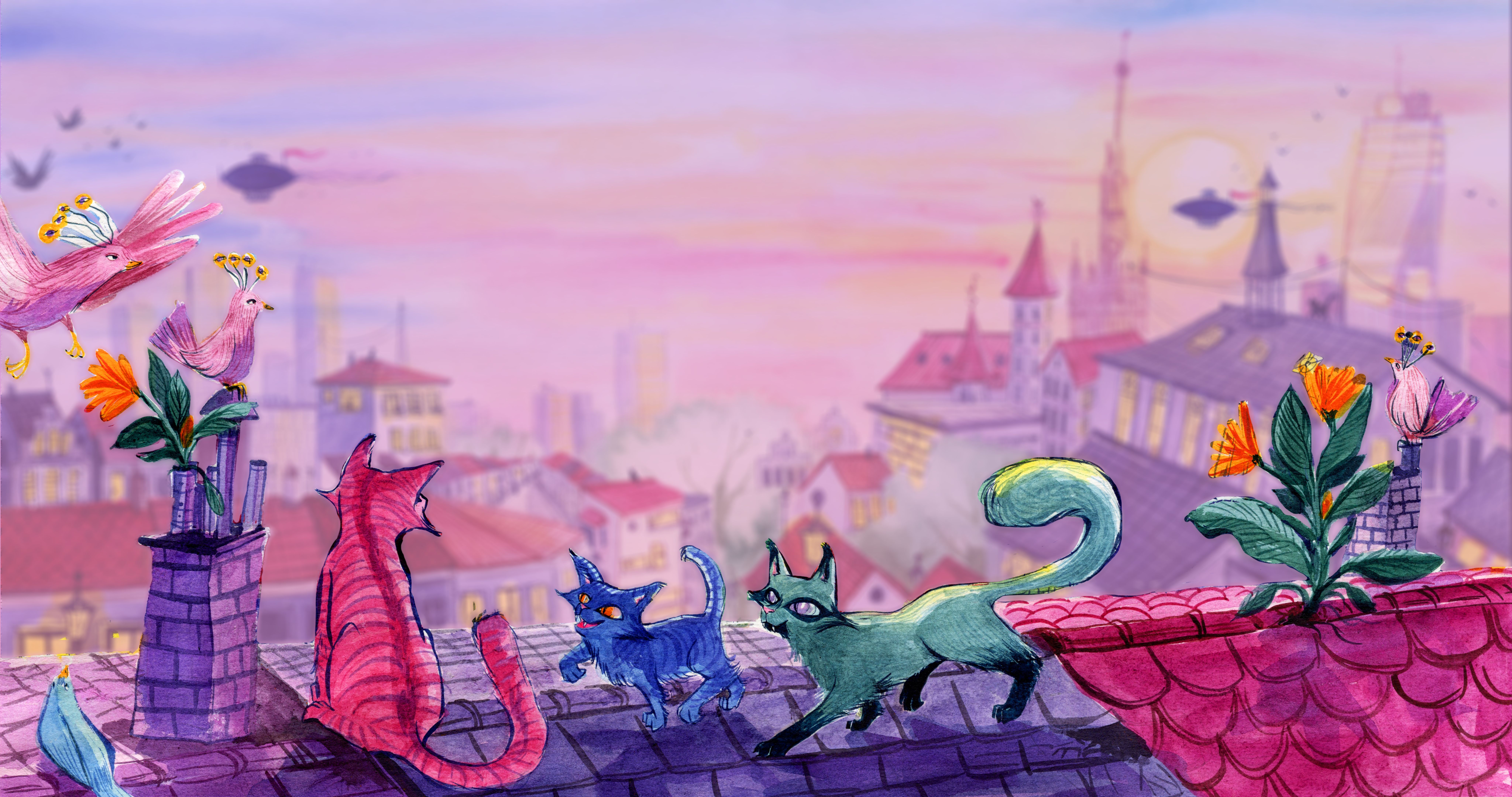 The same illustration as described in the original one, above, but with the background blurred and with a pink to purple gradient applied to the background.