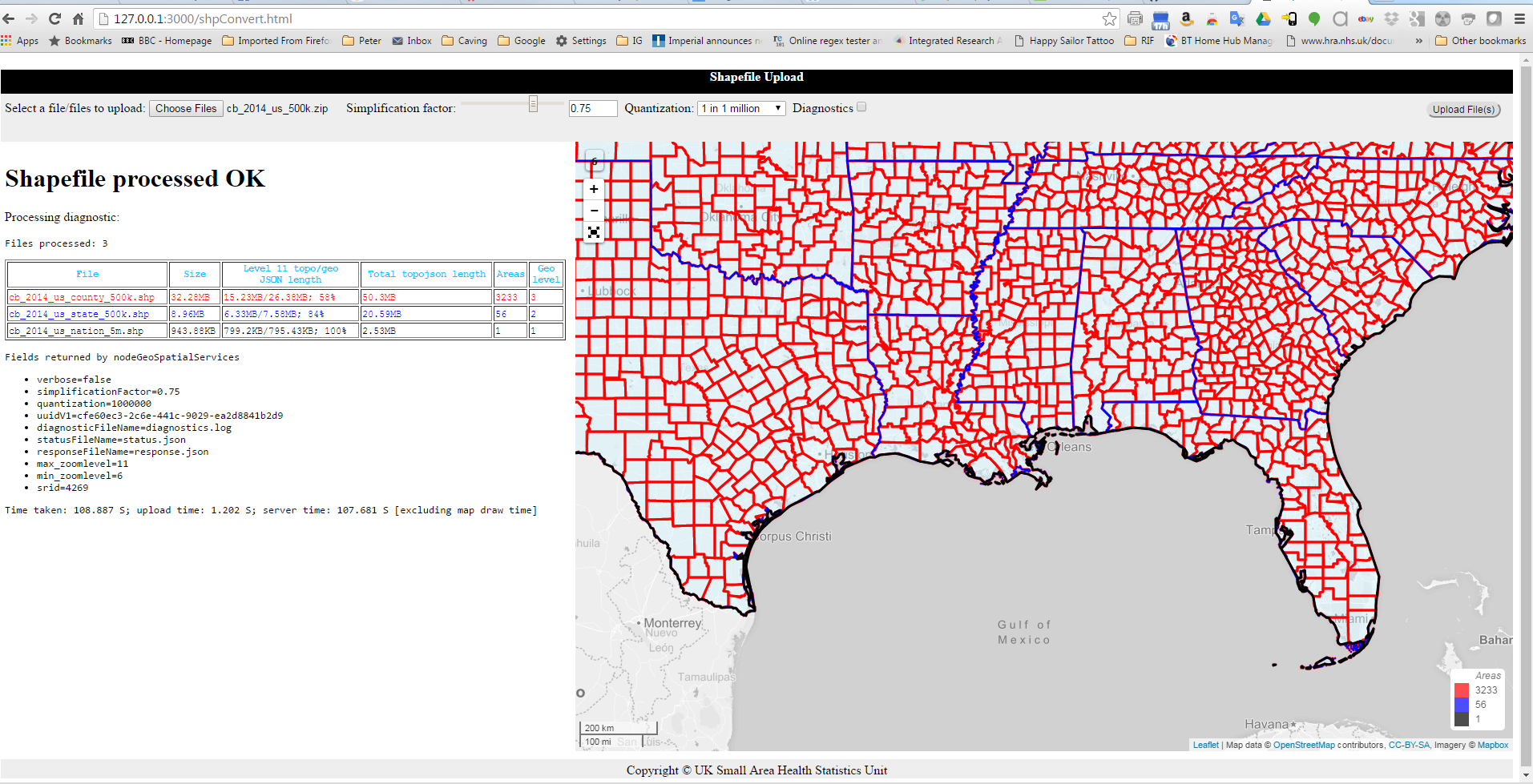  Tiler Maker early prototype prototpye displaying US census data to County level, zoomed into the the South Esstern United States 