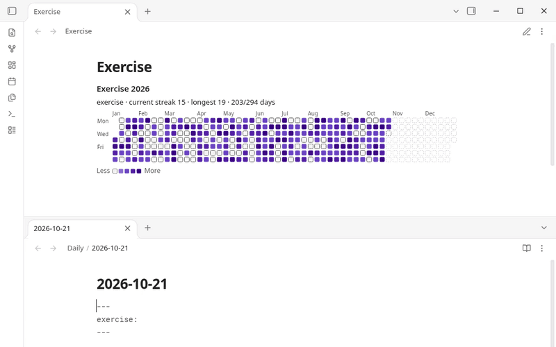 Typing "exercise: 45 min" in today's daily note adds a cell to the heatmap