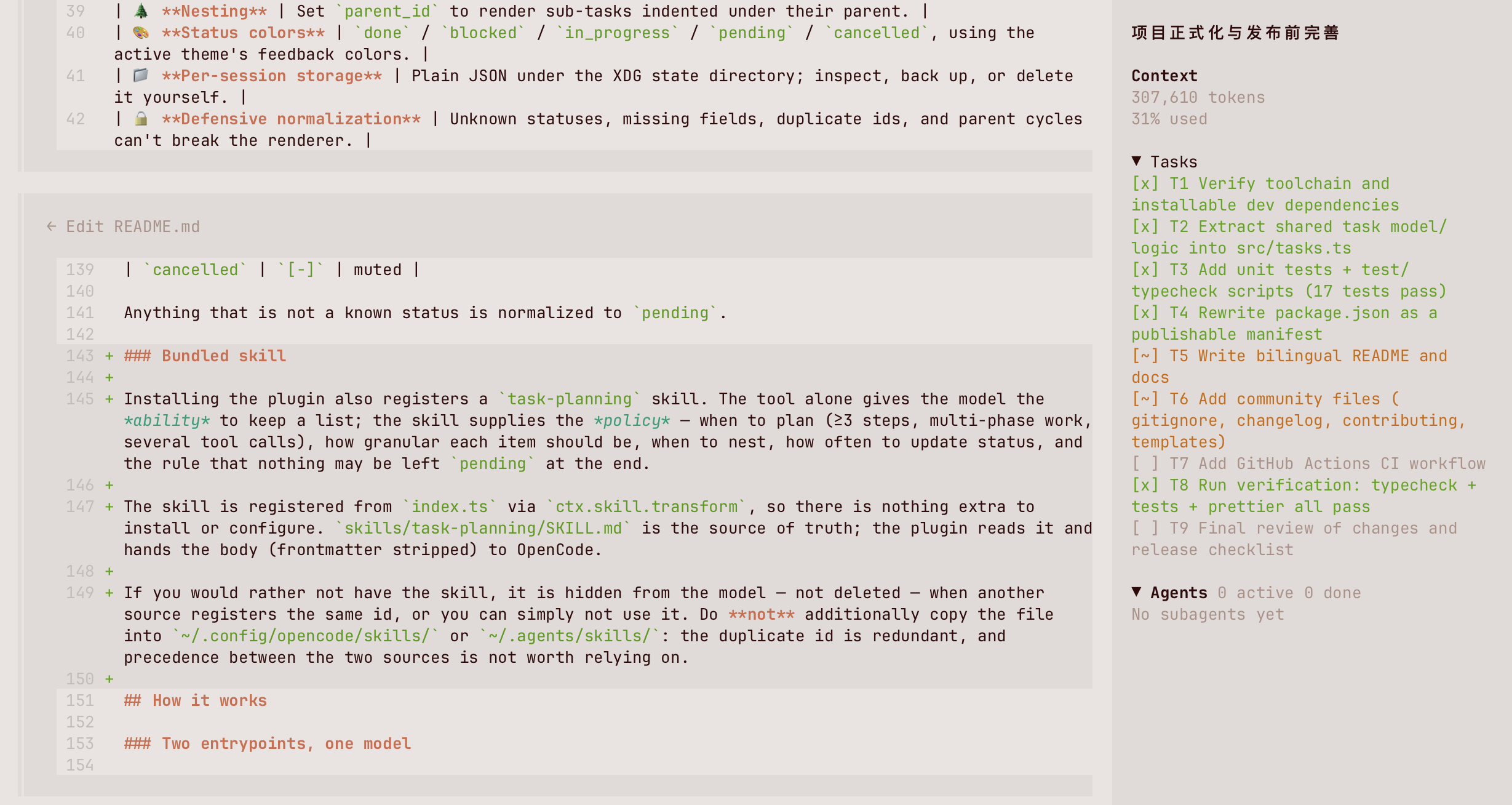 The Tasks panel in the OpenCode sidebar
