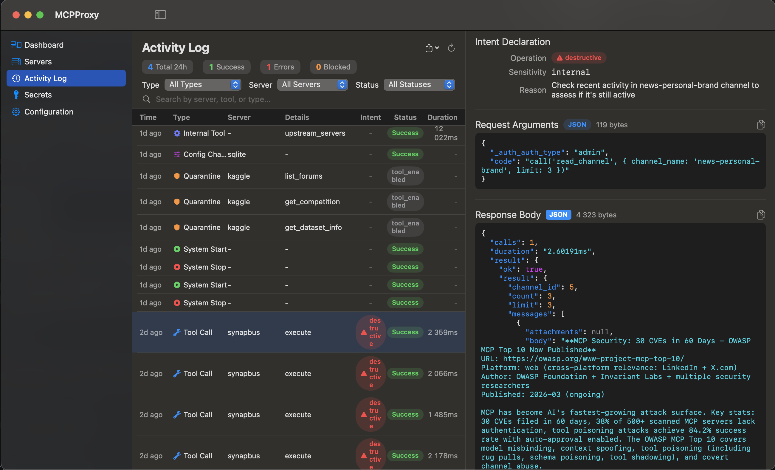 MCPProxy macOS app — Activity log with sensitive-data detection