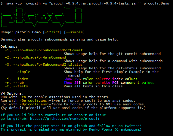 Picocli Demo help message with ANSI colors