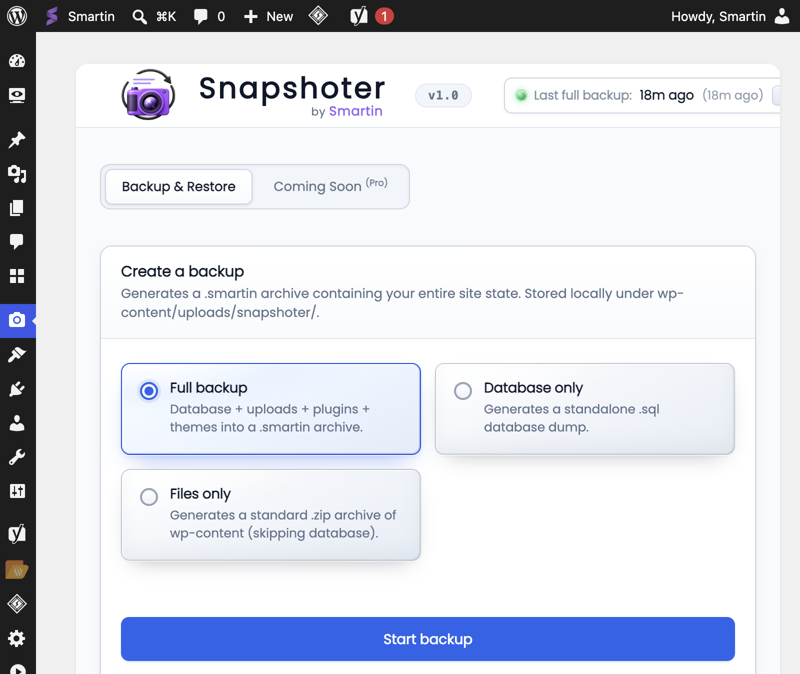 WordPress backup and migration plugin dashboard