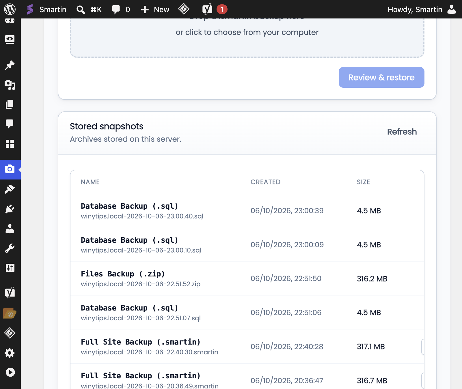 WordPress backup stored snapshots list