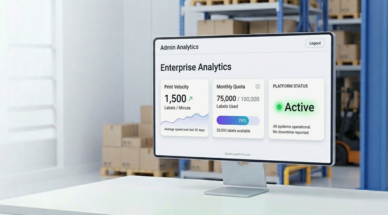 Smart Label Print Enterprise Admin Dashboard showing usage analytics and warehouse control