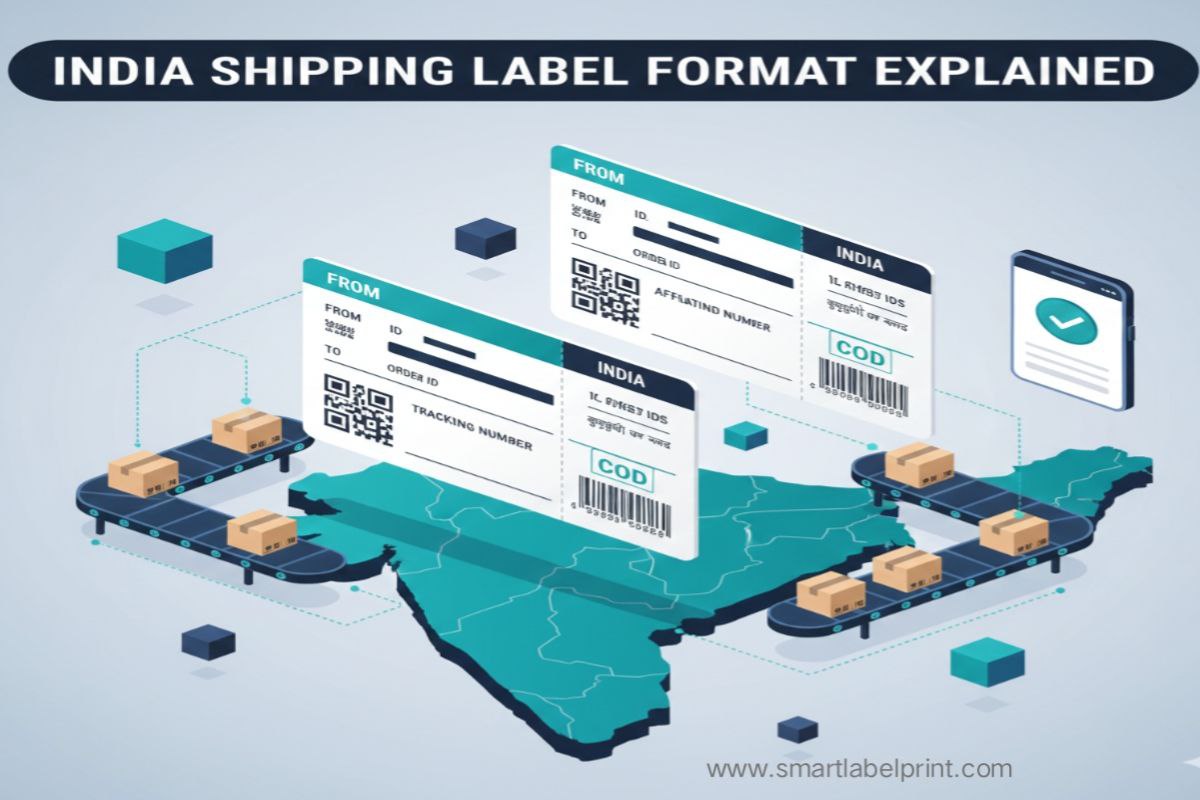 A detailed illustration of a standard Indian shipping label breakdown with PIN code, tracking barcode, and COD indicator