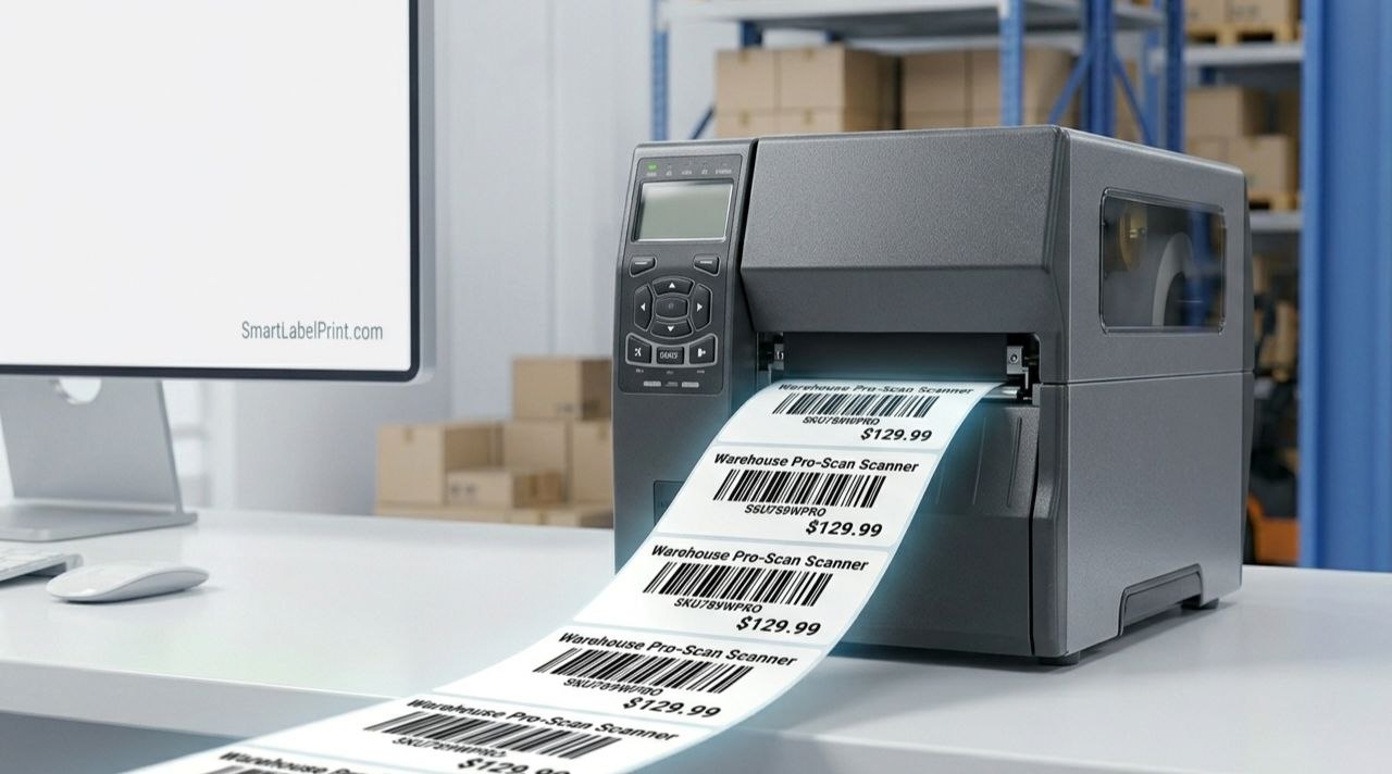 Industrial thermal printer producing high-quality warehouse SKU labels