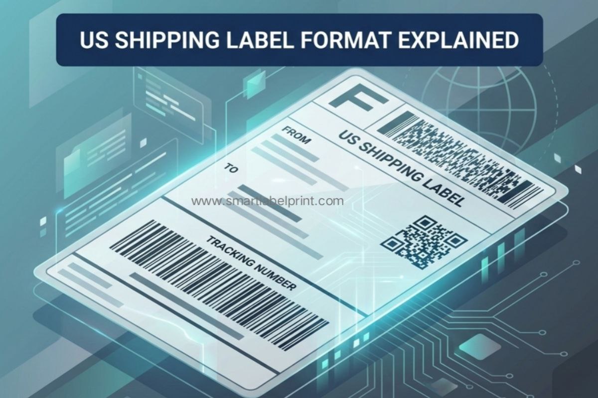A detailed illustration of a standard US shipping label breakdown
