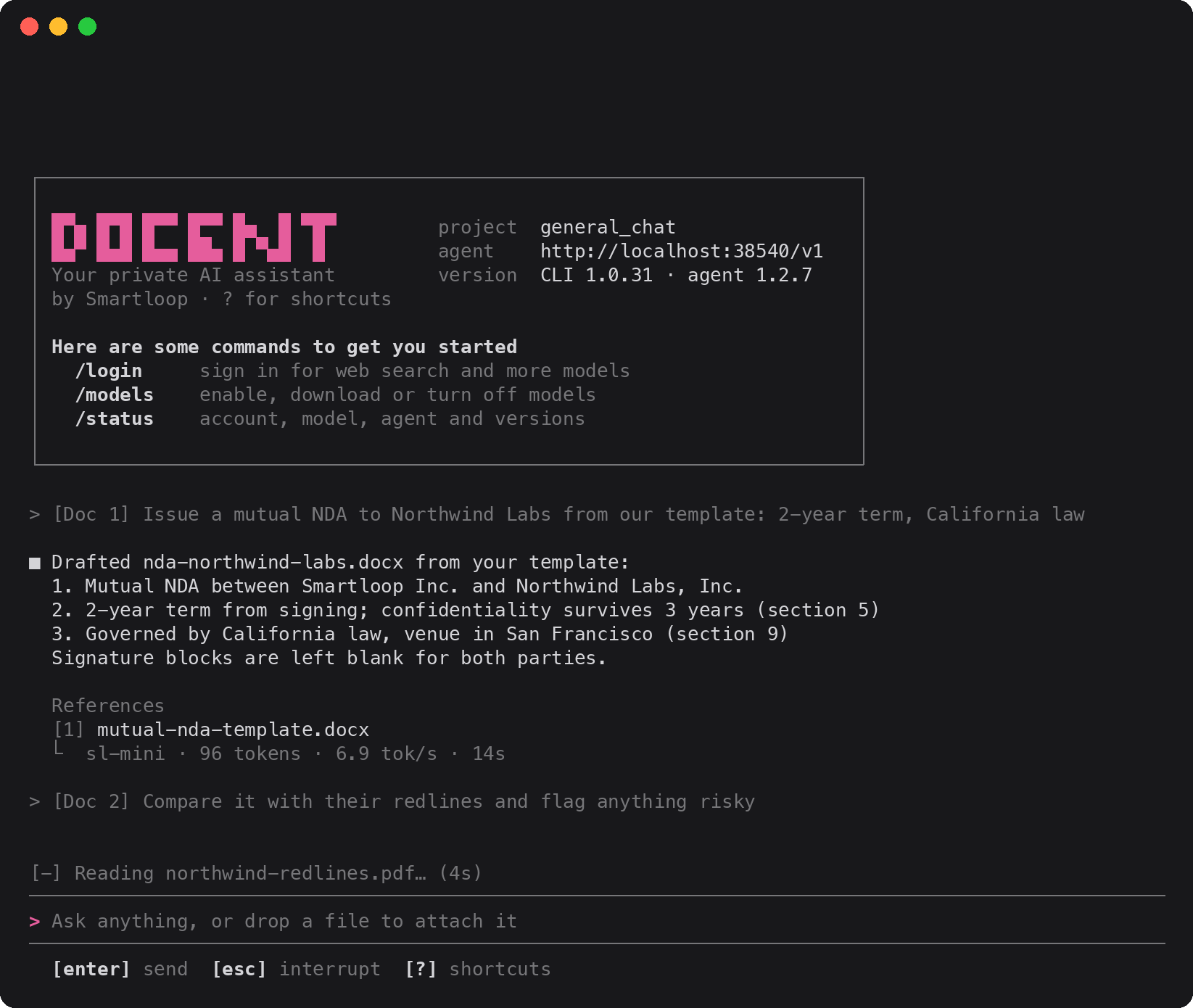 docent run: a reply with its sources, the status line and the prompt