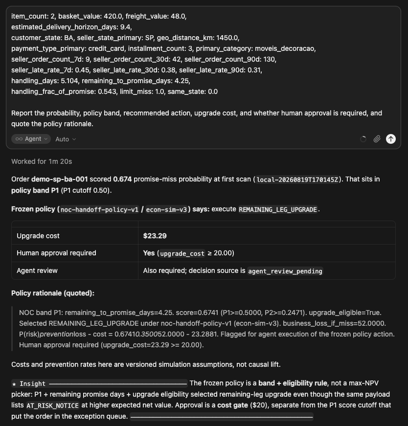 Agent calls recommend_policy_action: P1 band, upgrade action, human approval required