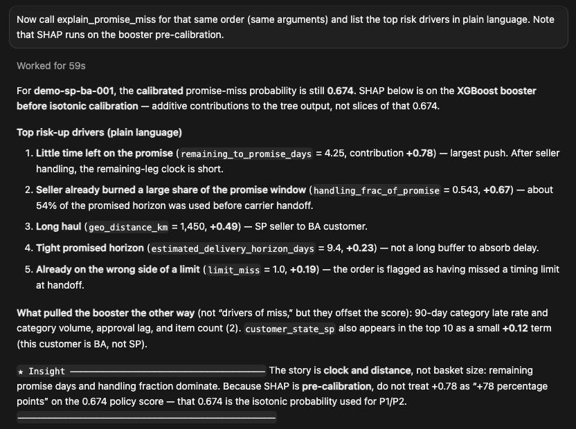 Agent calls explain_promise_miss: top risk drivers