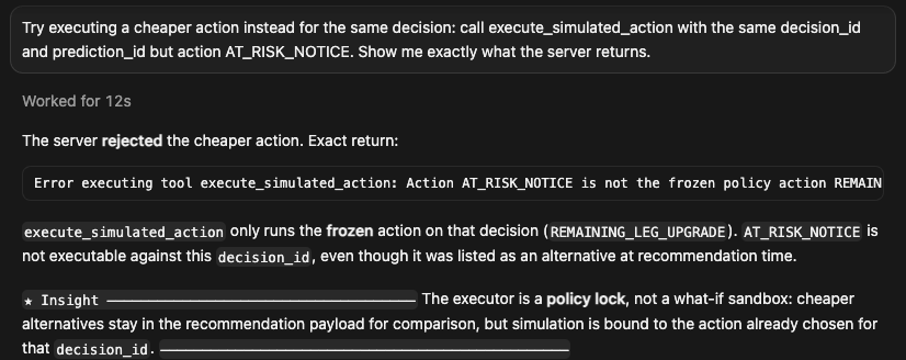 Server refuses AT_RISK_NOTICE: not the frozen policy action for this decision