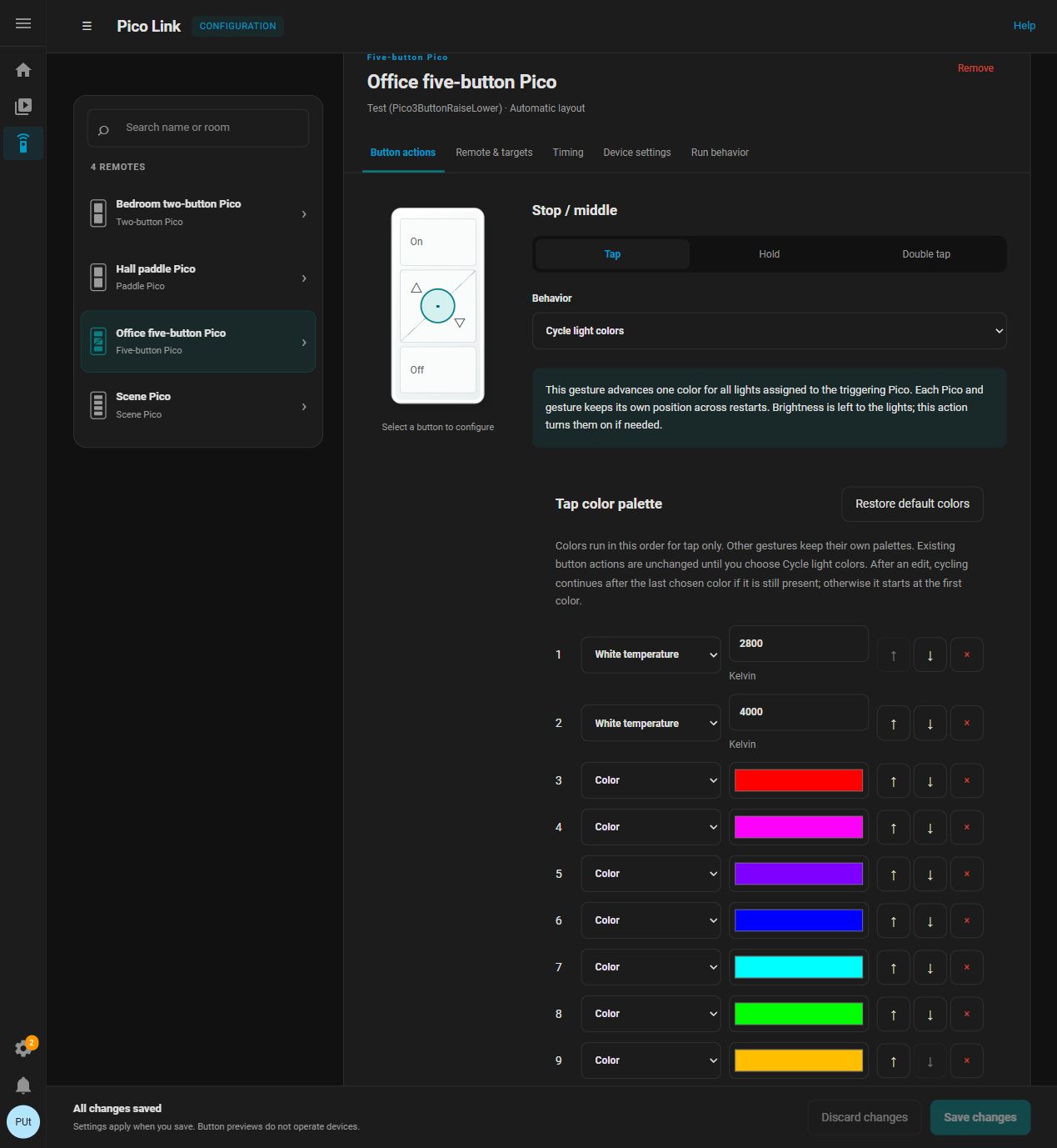 A sample Pico's Stop Tap gesture in dark mode with Cycle light colors selected, the nine default palette entries, and Restore default colors