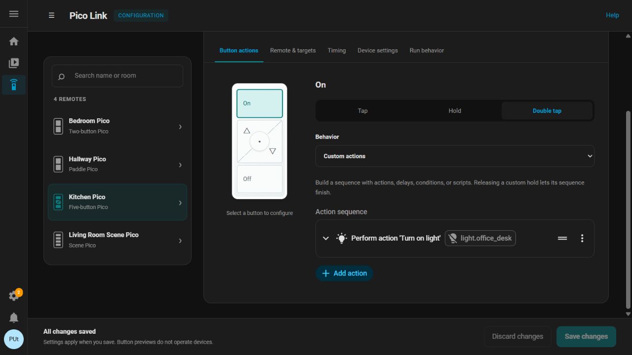 An On double-tap sequence in Home Assistant's action editor, with Add action and Save changes controls