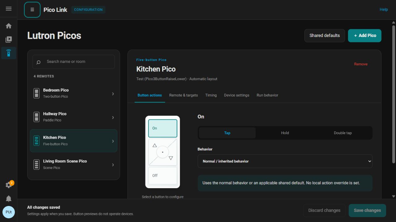 Pico Link workspace with four sample remotes and the visual Kitchen Pico editor