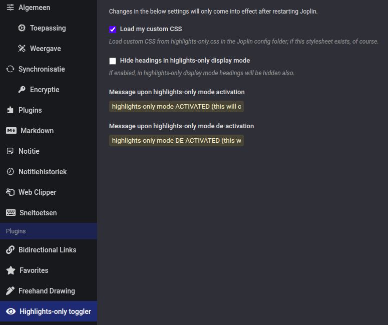 Settings section of the plugin in the Joplin app settings