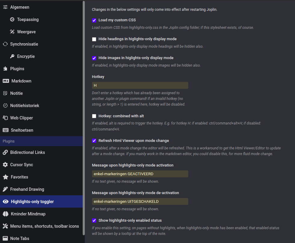 Settings section of the plugin in the Joplin app settings