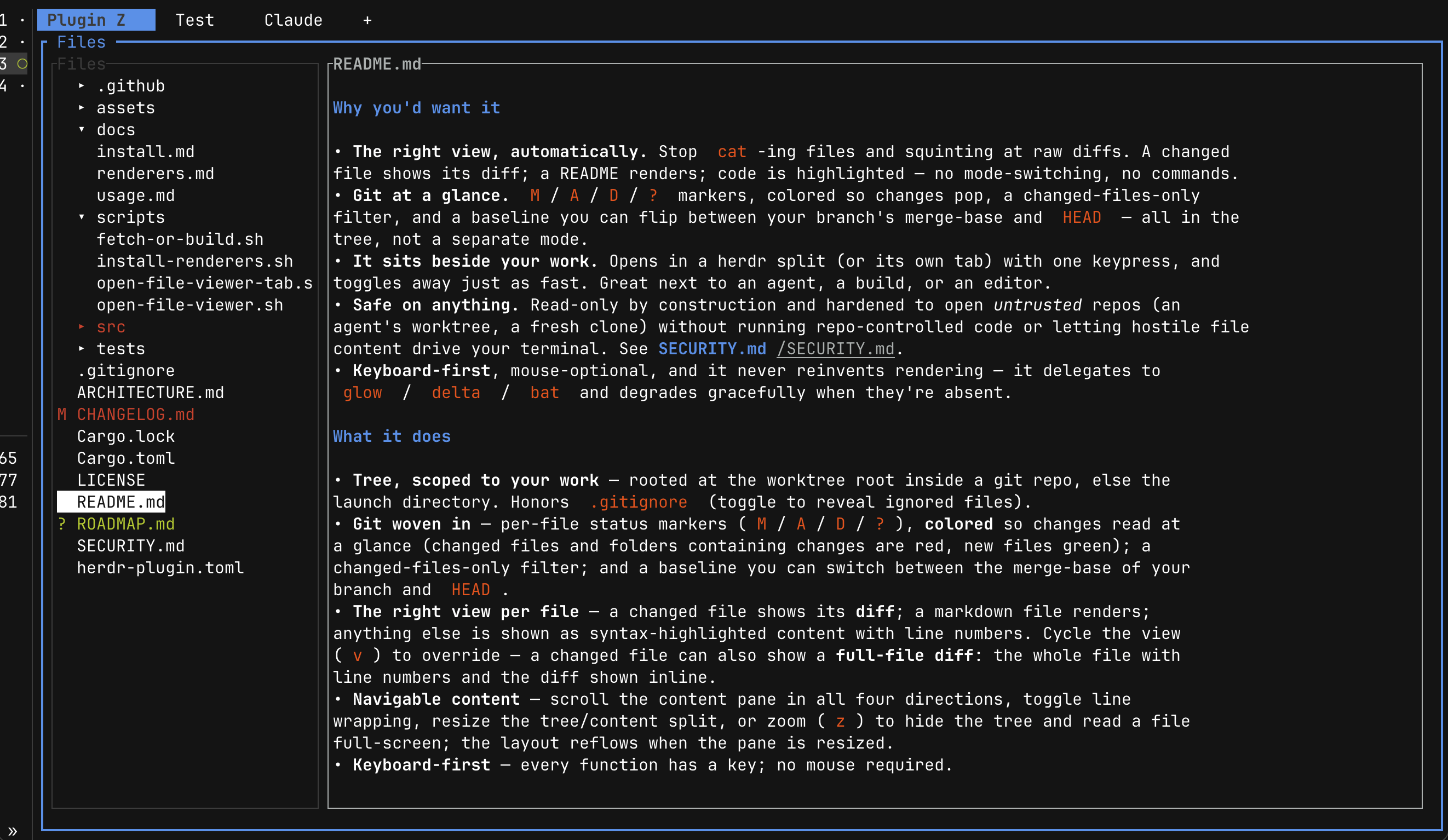 herdr-file-viewer rendering a markdown file: colored headings and styled inline code on the right, the git-status tree on the left