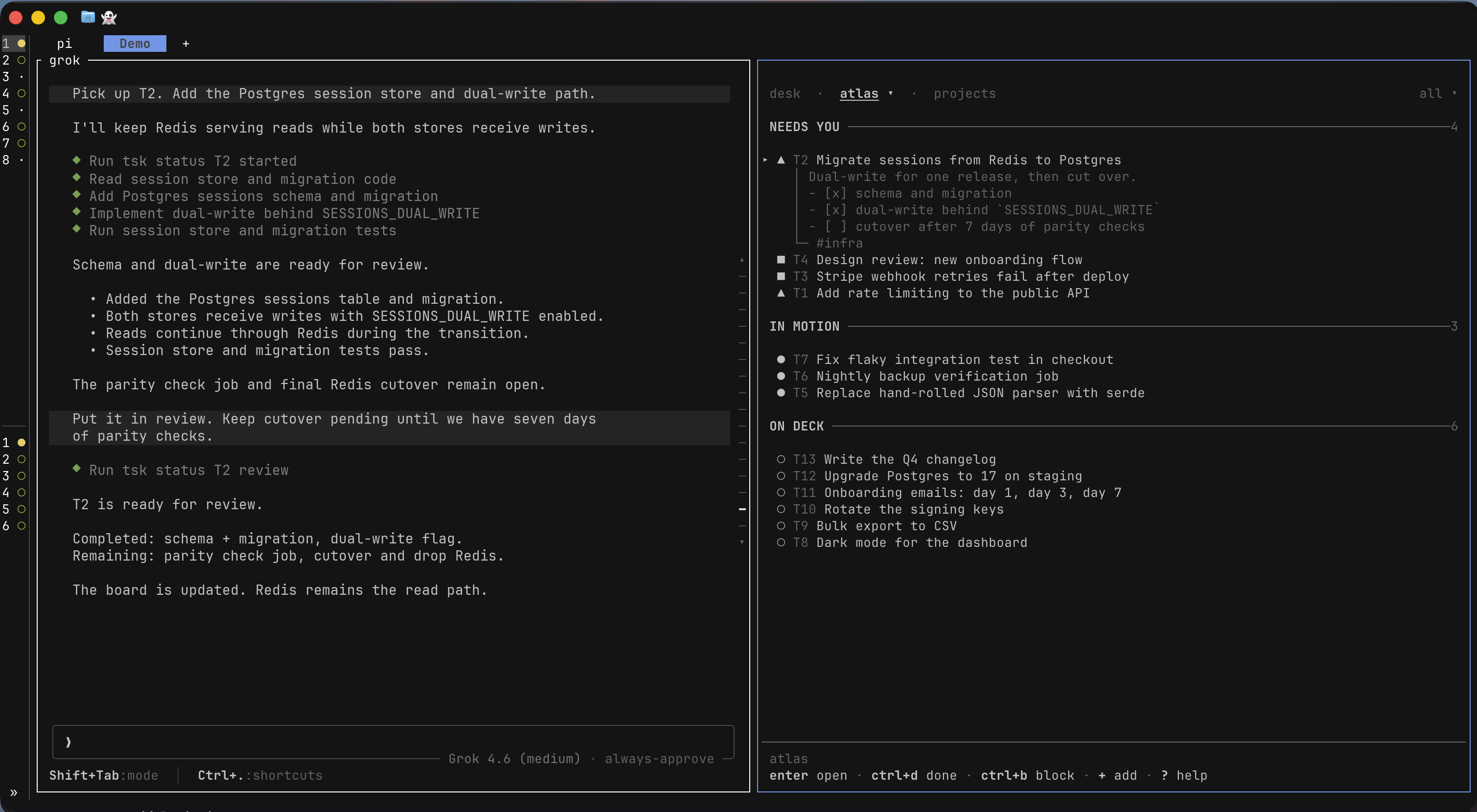 The tsk board beside an agent working on the selected Redis-to-Postgres migration task