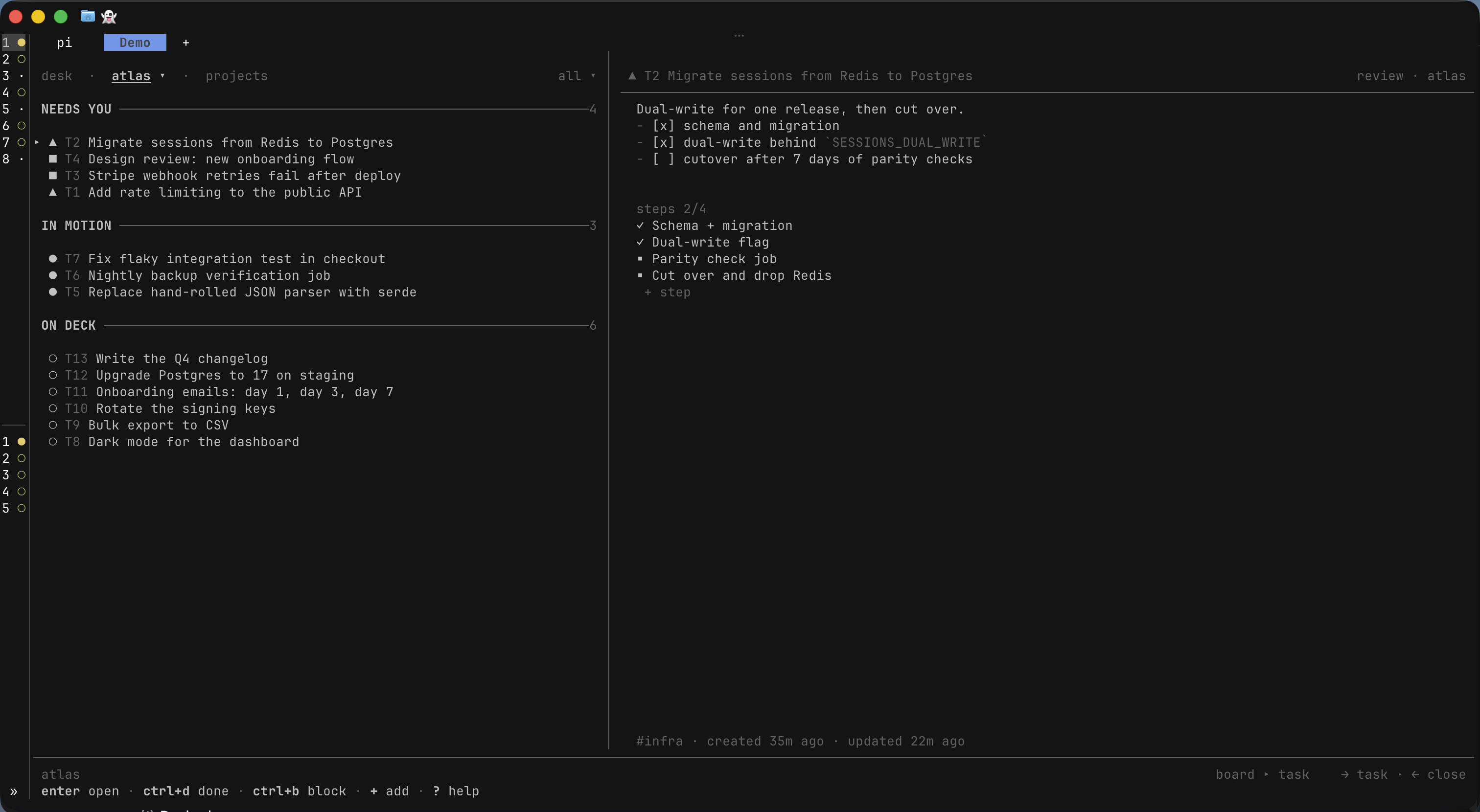 A wide tsk board with the selected task's notes and steps open alongside it