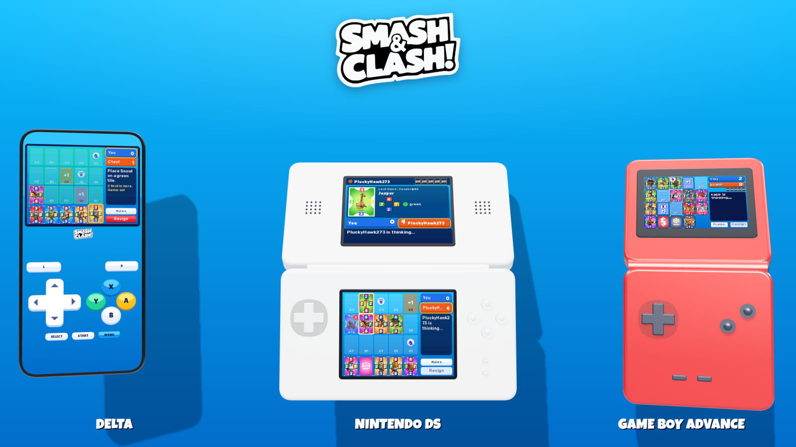 Smash&Clash on a phone in Delta, a Nintendo DS and a Game Boy Advance