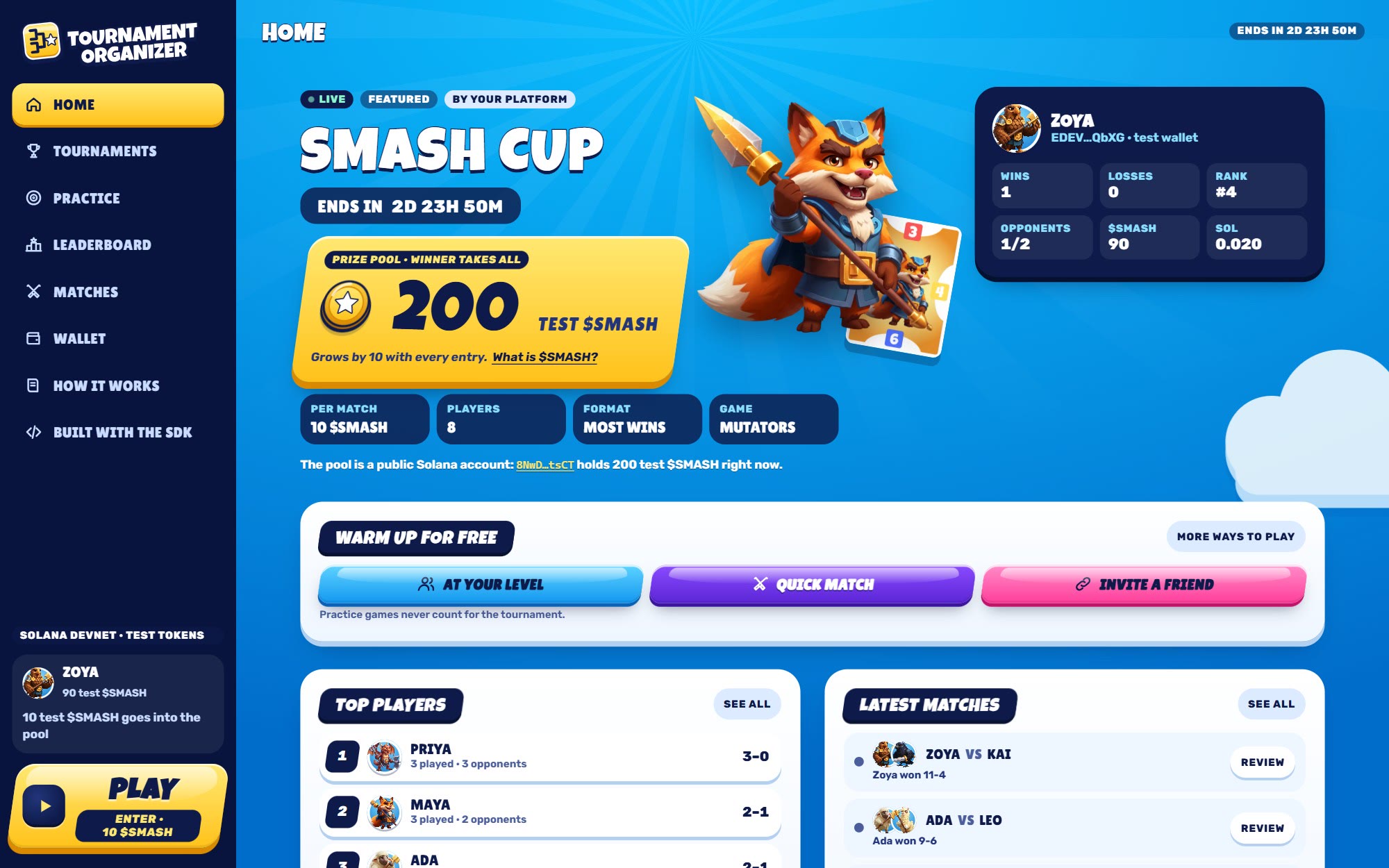 Tournament Organizer: the featured tournament and its prize pool