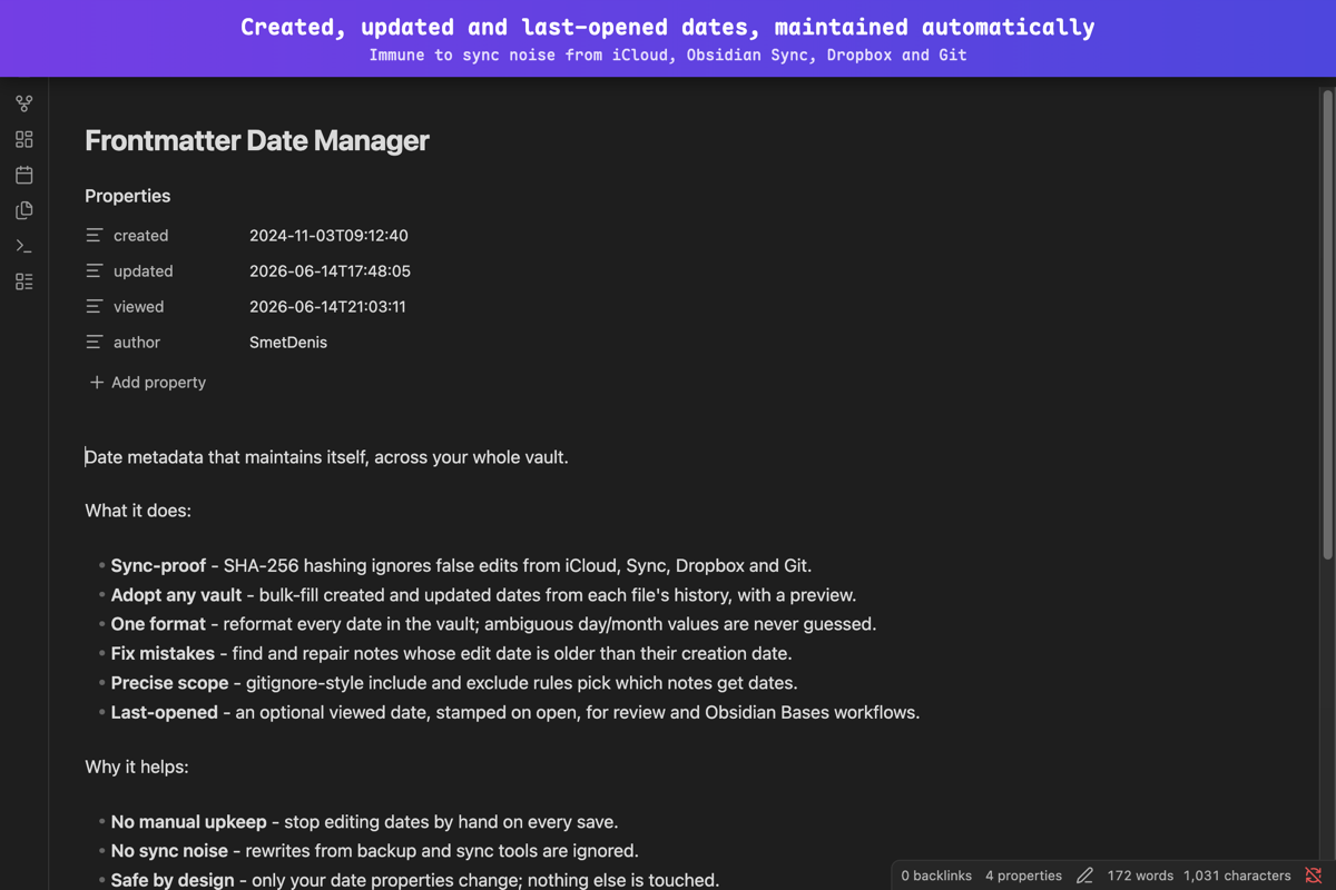 Created, updated, and last-opened dates maintained automatically in a note
