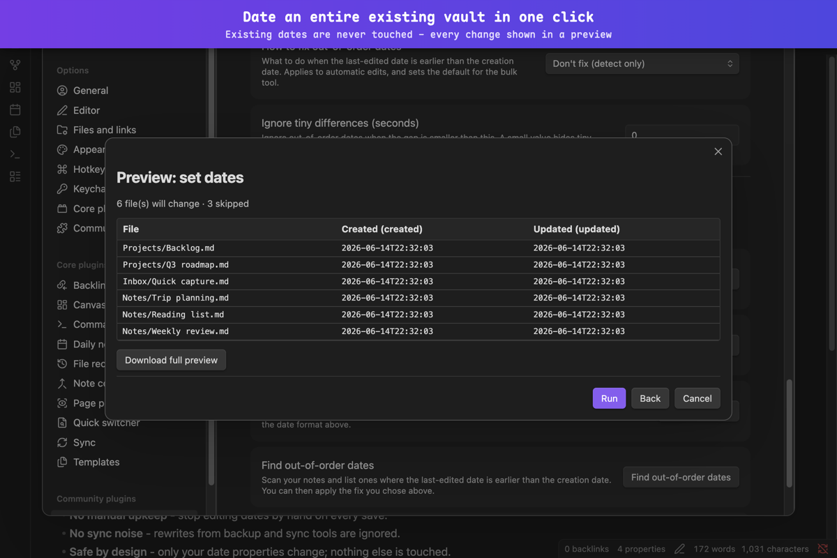 Bulk-fill dates for an existing vault from each file's own history, with a dry-run preview