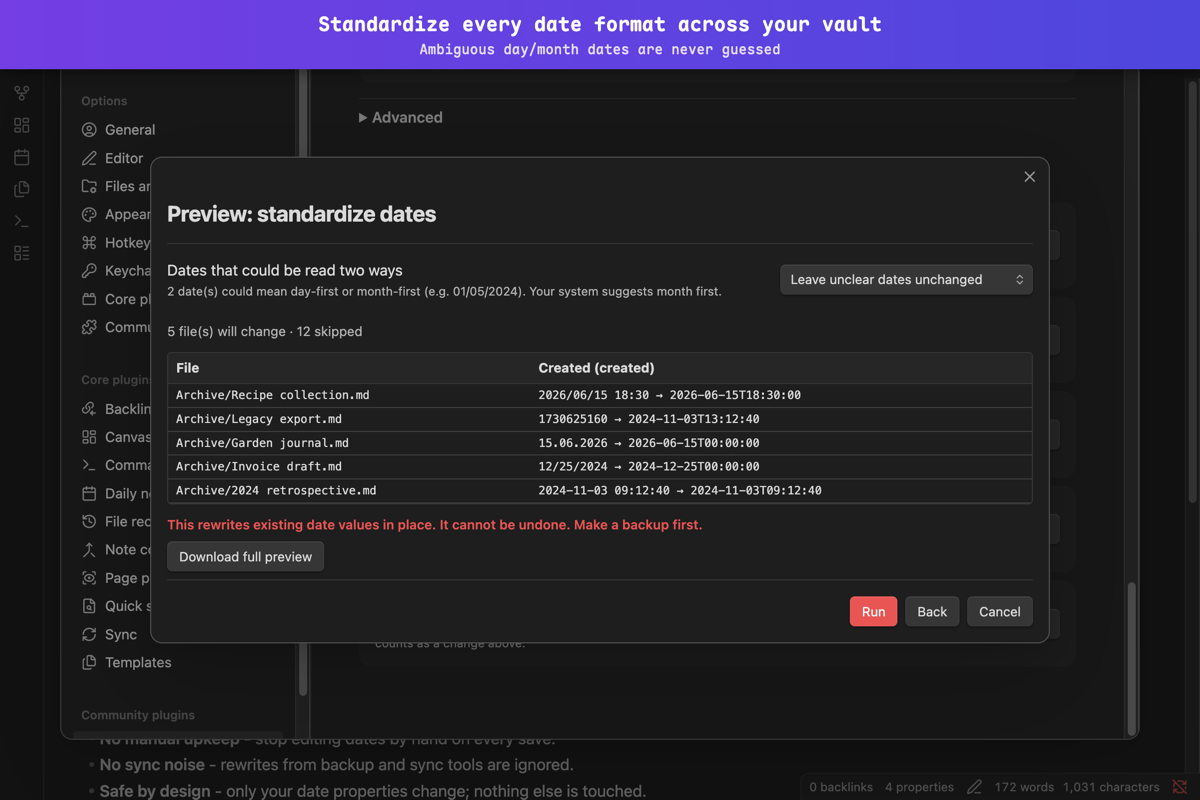 Reformat mixed date formats to one standard, with a guard for ambiguous day/month dates