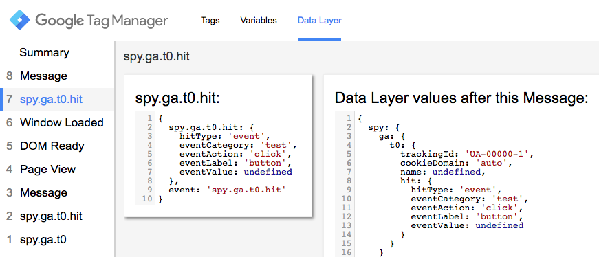 Screenshot: data layer model after hardcoded pageview and event
