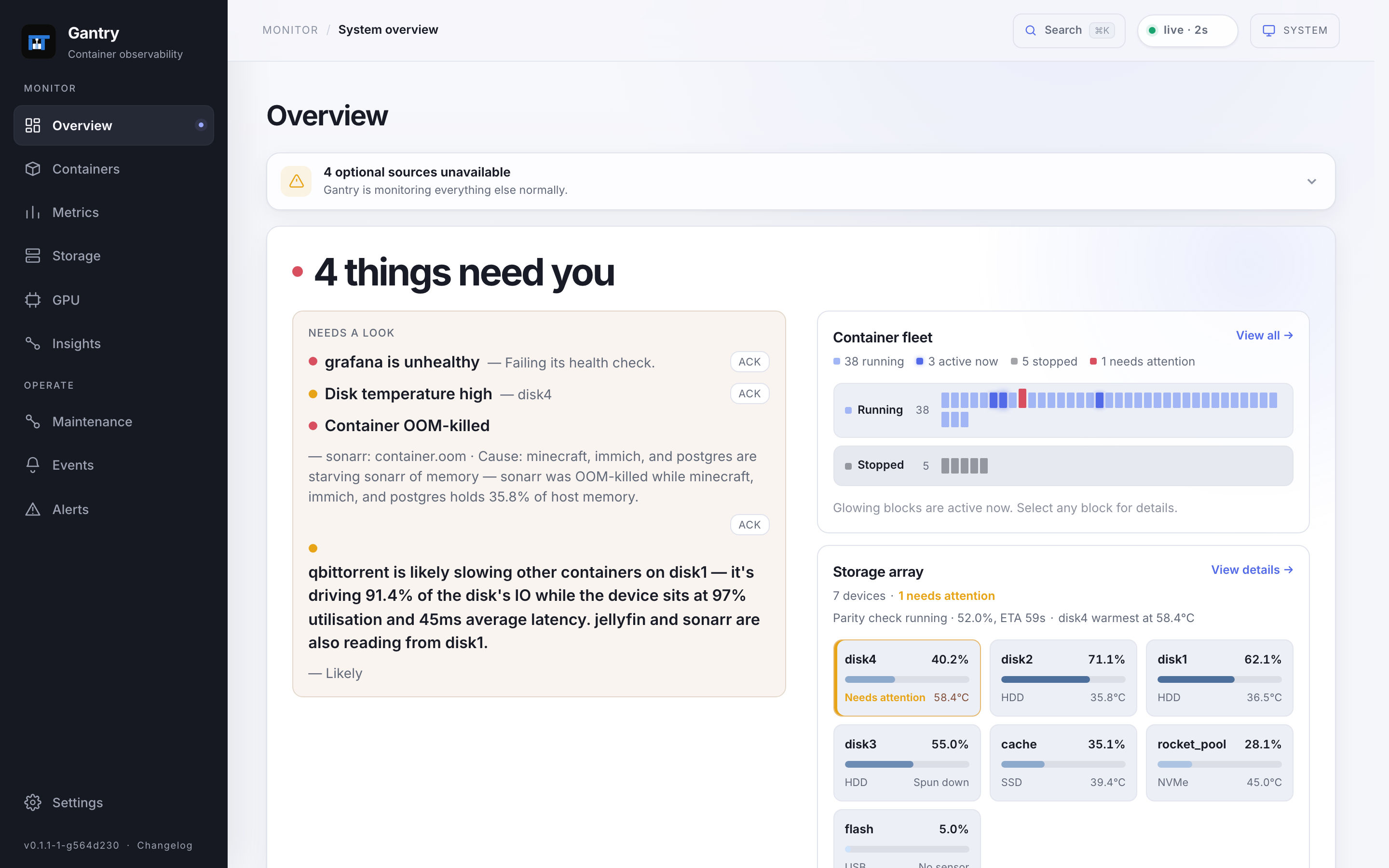 Gantry overview: containers, storage and cross-container insights at a glance