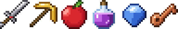 A sword, pickaxe, apple, potion, sapphire, and key, each a 16×16 sprite in the vanilla style