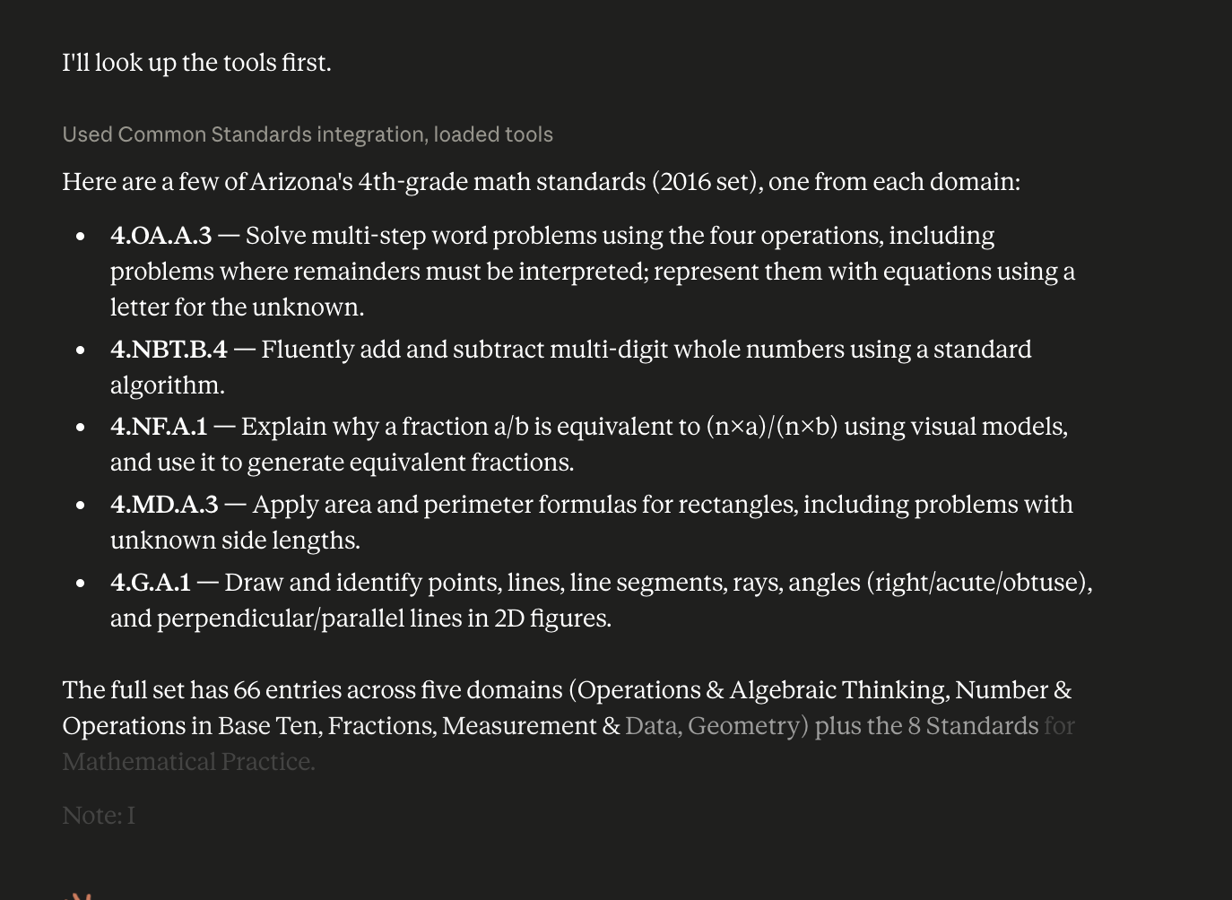 Claude using the Common Standards MCP to list Arizona’s 4th-grade math standards