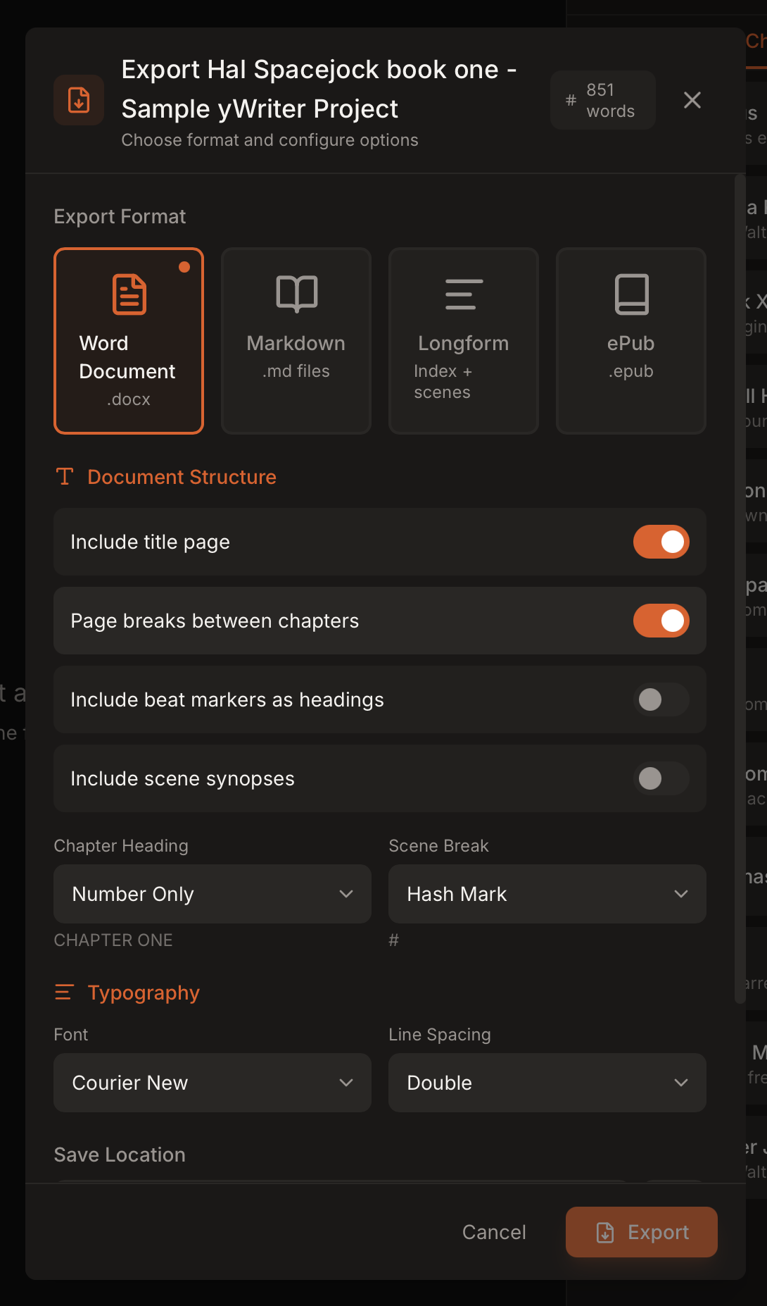 Screenshot: Export dialog
