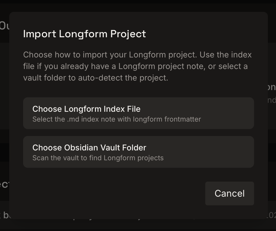 Screenshot: Longform/Obsidian import selection