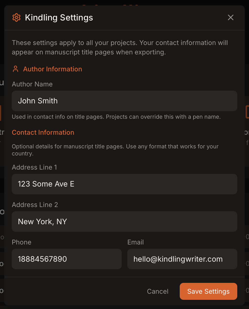 Screenshot: Kindling settings
