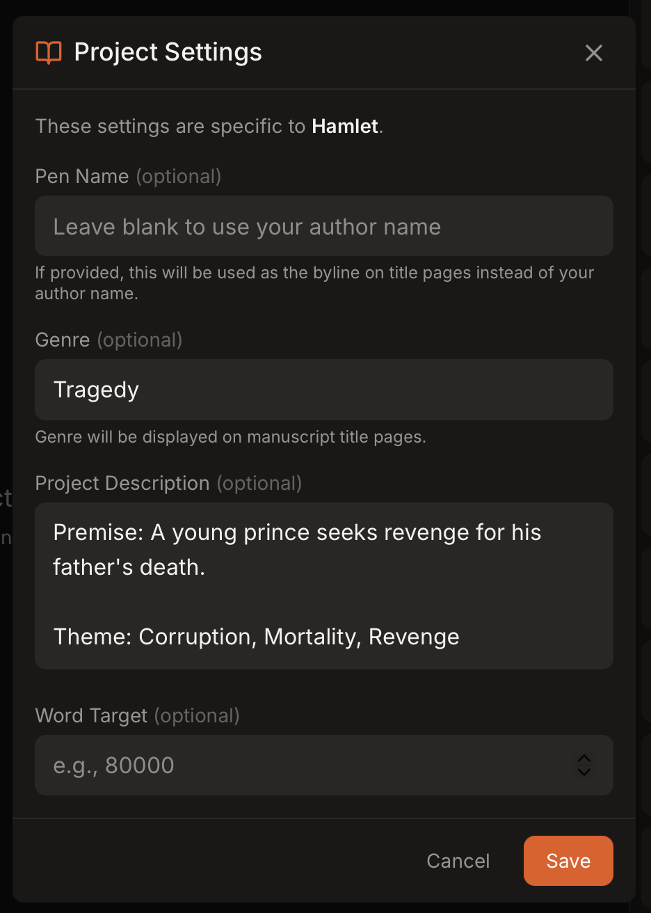 Screenshot: Project settings