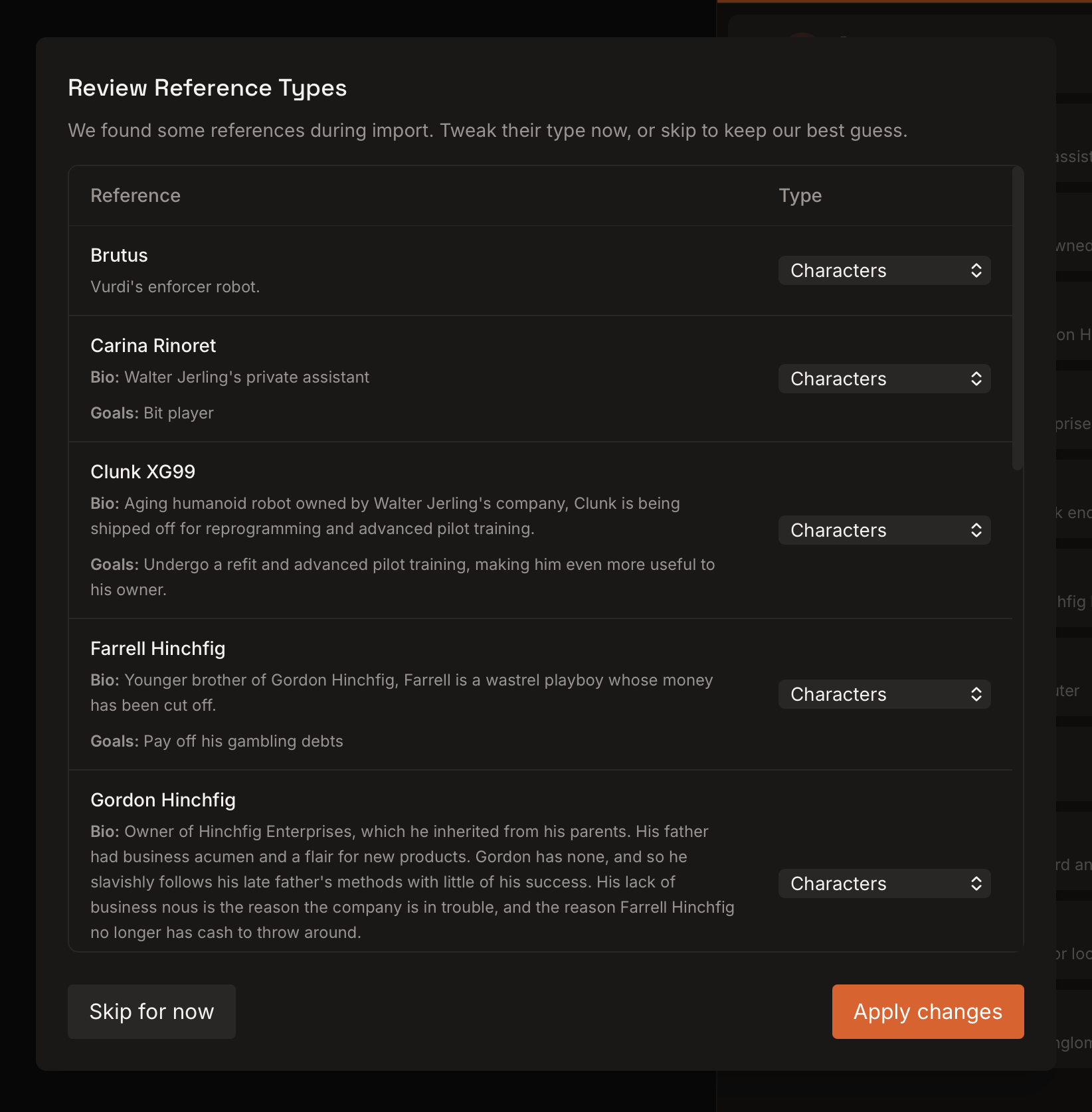 Screenshot: Reference classification dialog