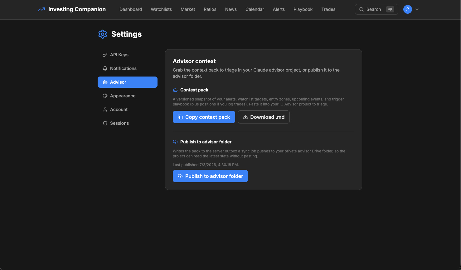 Settings — advisor context packs