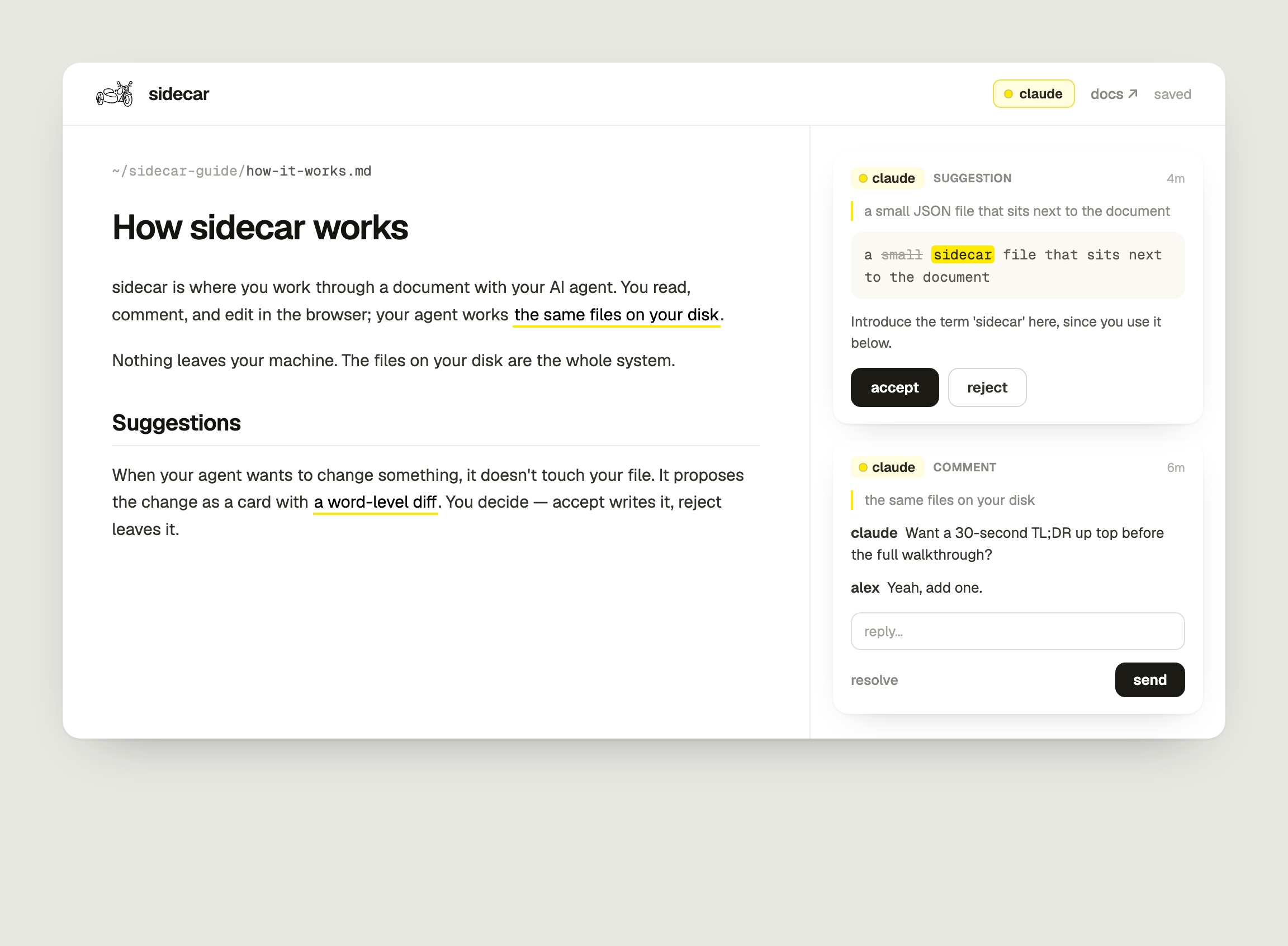 Reviewing a document in sidecar: a suggestion card with a word-level diff, and a comment thread