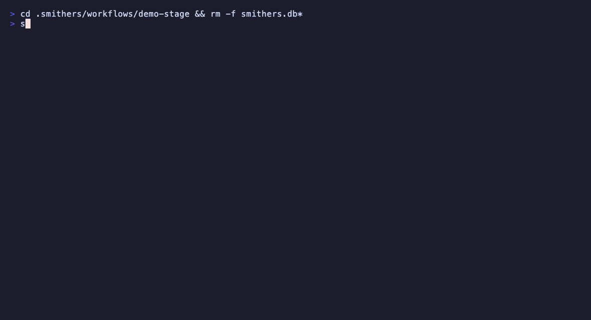 A Smithers run is killed partway through, then resumes: the completed task is skipped, the in-flight task re-runs as a new attempt, and the run finishes