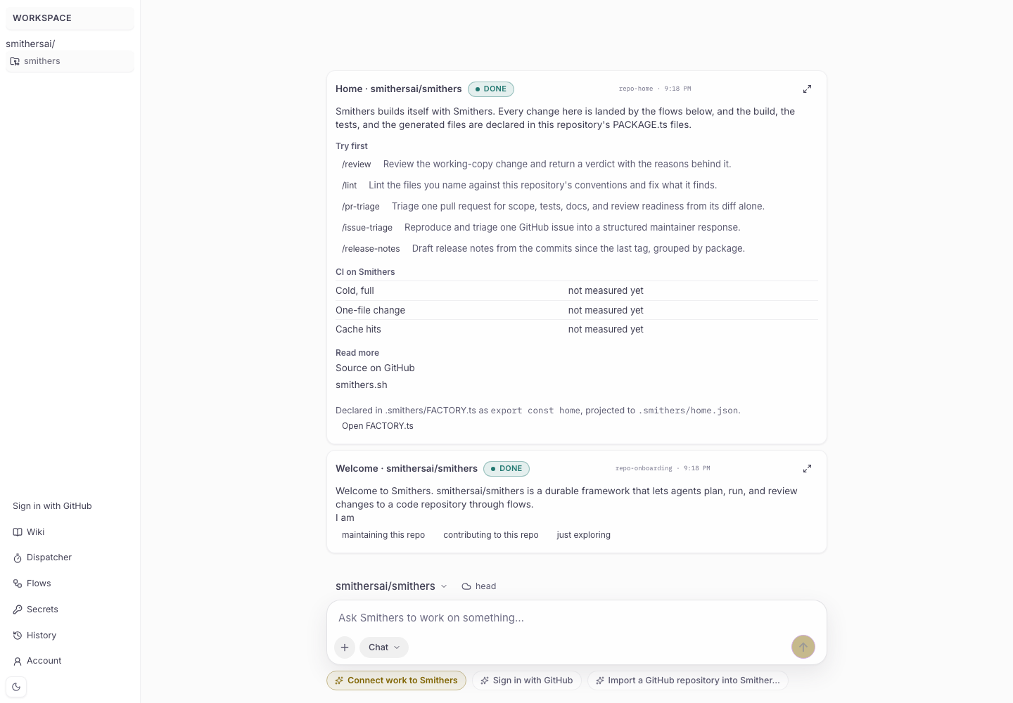 The Smithers app with its repository home, featured flows, and conversation.