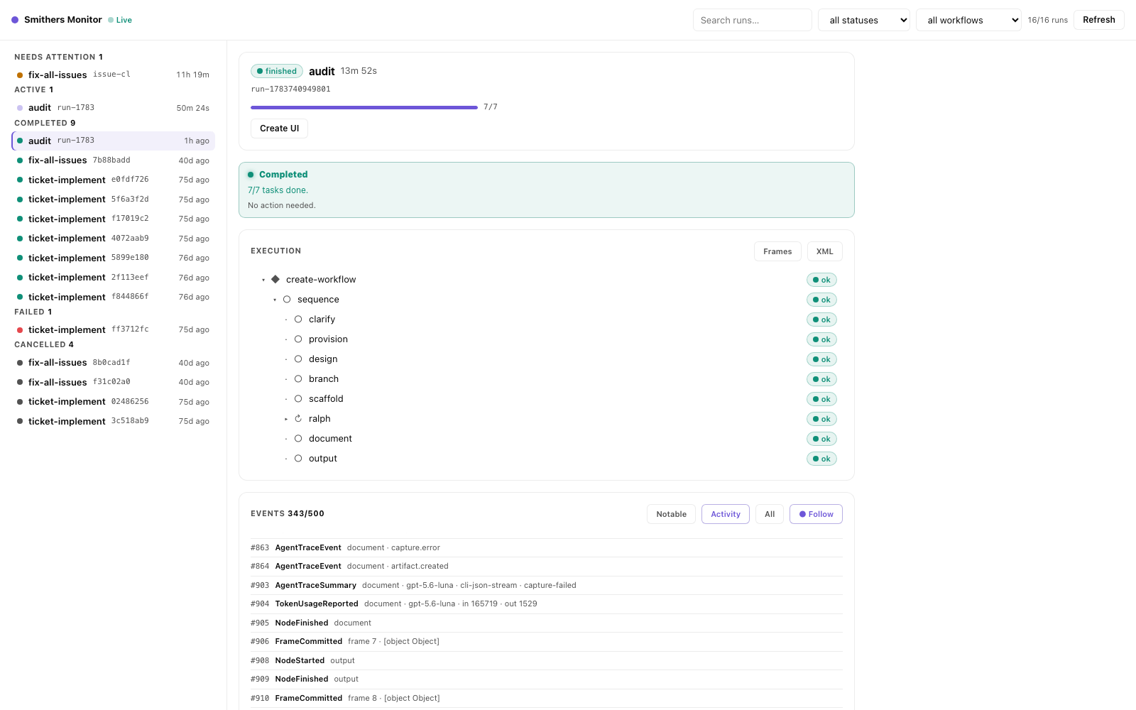 A finished run in the Smithers Monitor: a completed execution tree with per-node status and the live event log with agent traces and token usage