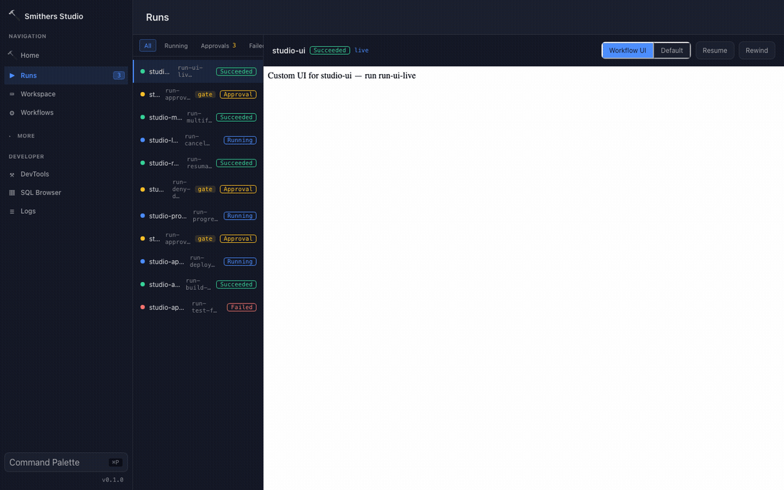 Live workflow runs: some succeeded, some running, some paused on an approval gate, every run resumable and rewindable.