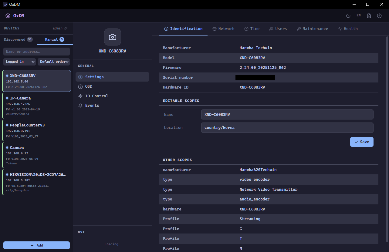 OxDM managing an ONVIF camera — device list, profile panel, and the device identification settings tab
