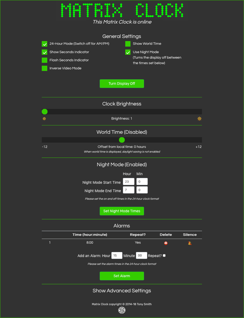 The Matrix Clock web-based UI