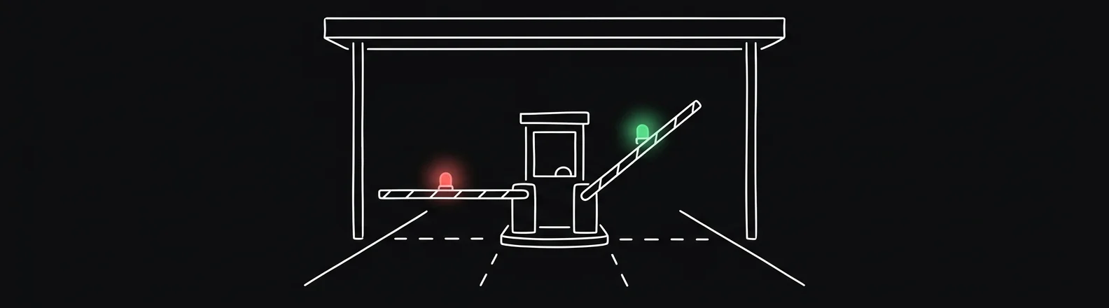 Two toll lanes: red barrier down, green barrier up
