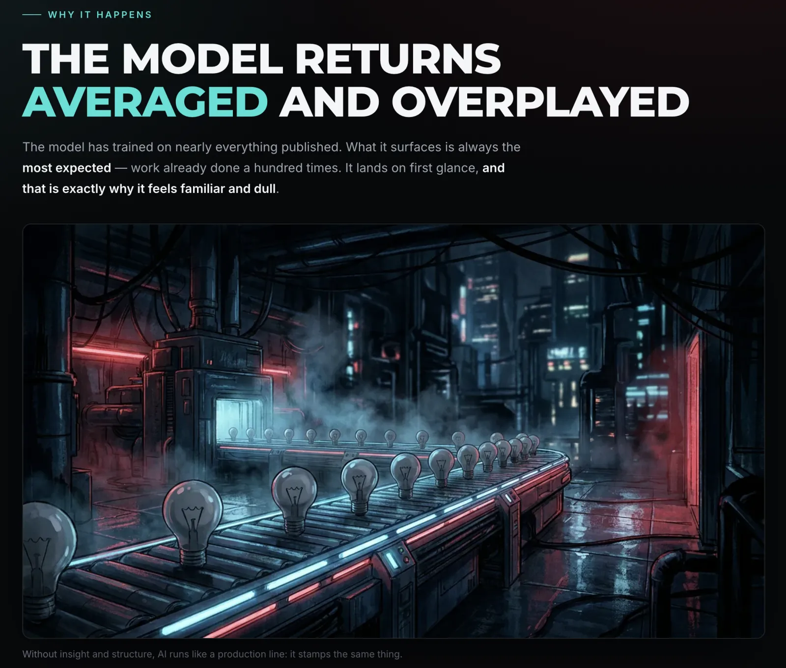 The model returns averaged and overplayed — without insight and structure, AI runs like a production line stamping the same thing